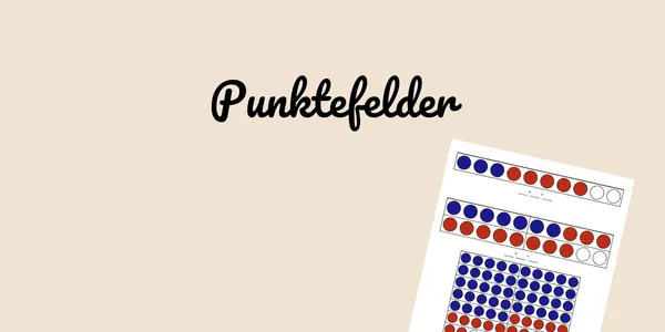 Punktefelder mit farbigen Plättchen und zugehörigen Rechenaufgaben